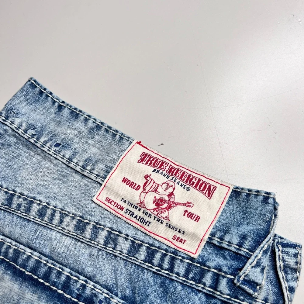 True‎ Religion Straight Leg Jeans Mens 42 Light Wash Blue Contrast Stitch Denim